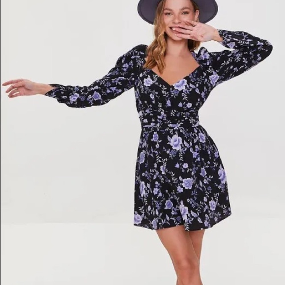 F21 Purple and Black Floral Cutout Mini Dress